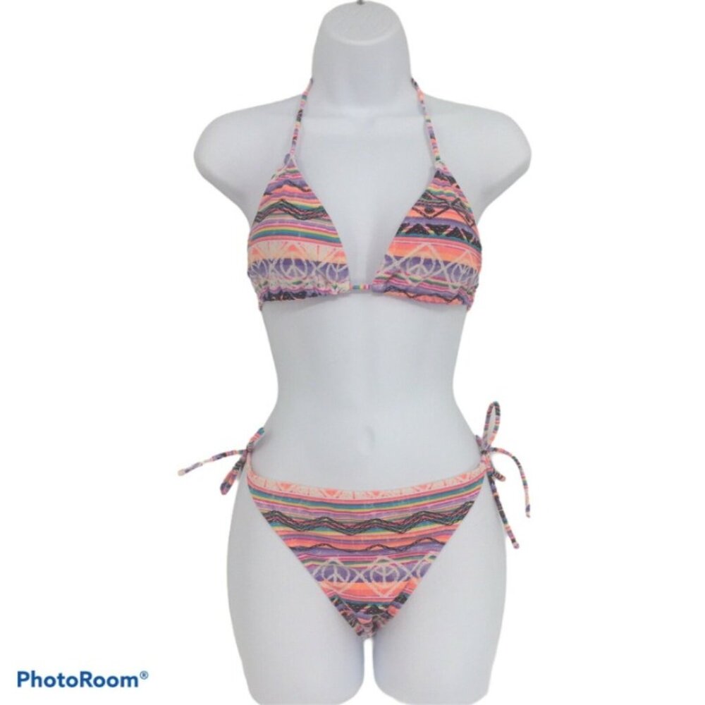Op String Bikini Swim Set Peace Signs Orange Pink Black Multicolor Stripe Retro